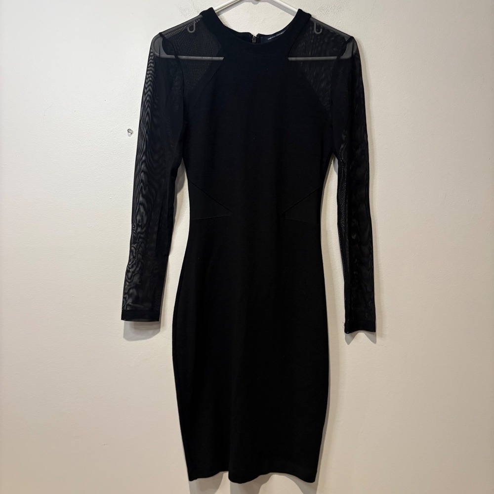 French Connection‎ Black Sheer Mesh Long Sleeve Bodycon Cocktail Party Dress - Picture 4 of 11